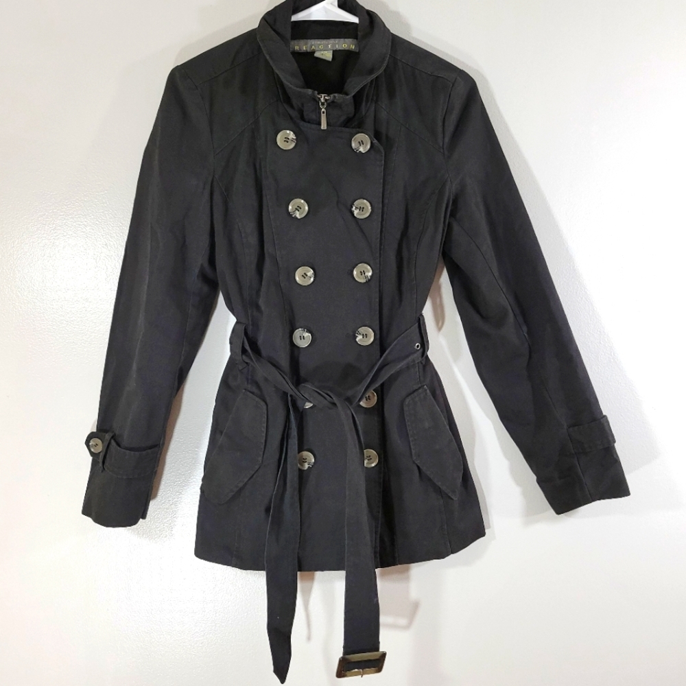 KENNETH COLE REACTION black double-breasted belted short cotton trench coat